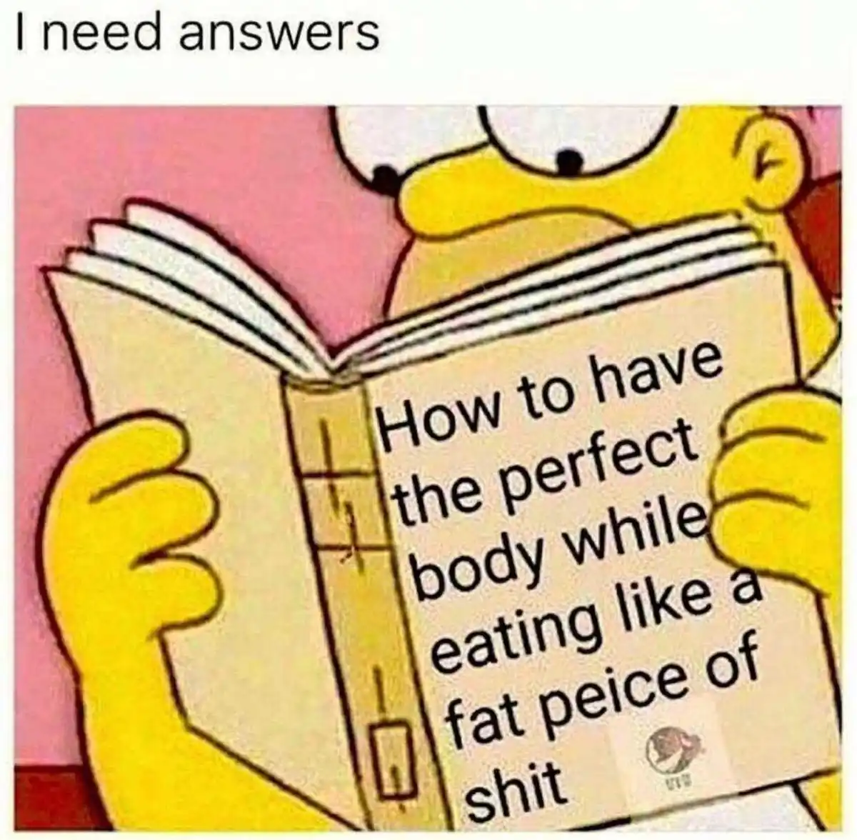 A cartoon character, resembling Homer Simpson, holds an open book titled 'How to have the perfect body while eating like a…