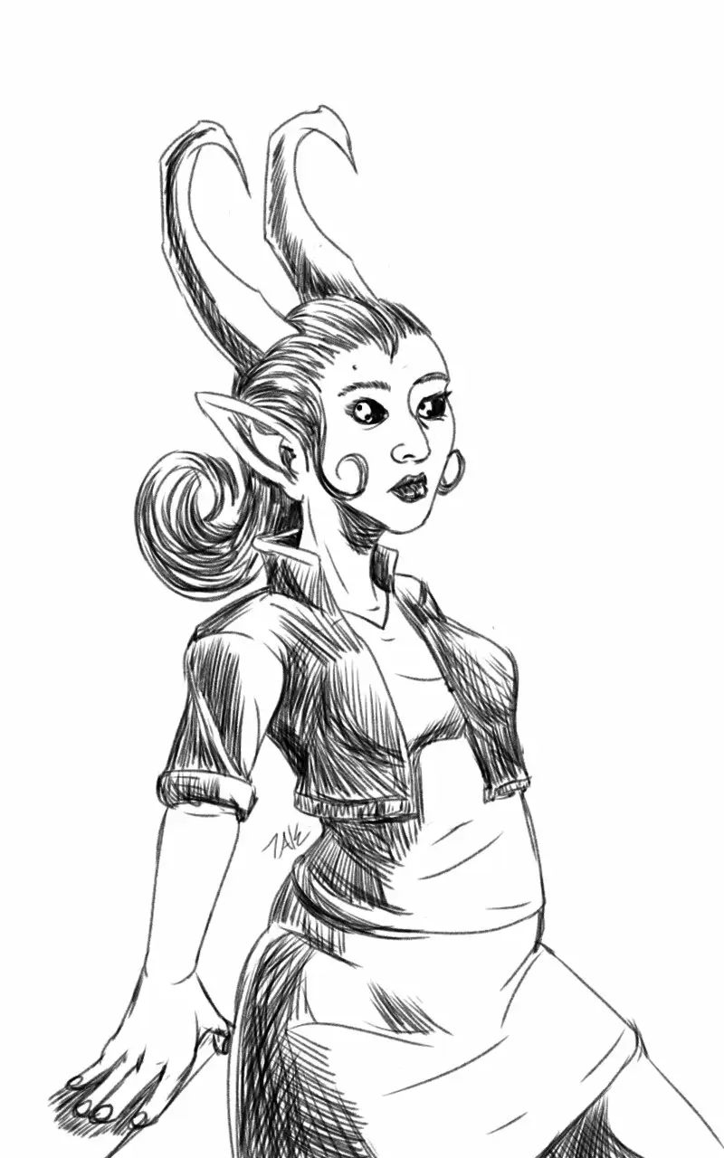 A black-and-white sketch of a female elf-like character with large, upright bunny ears, pointed ears, and a confident pose…