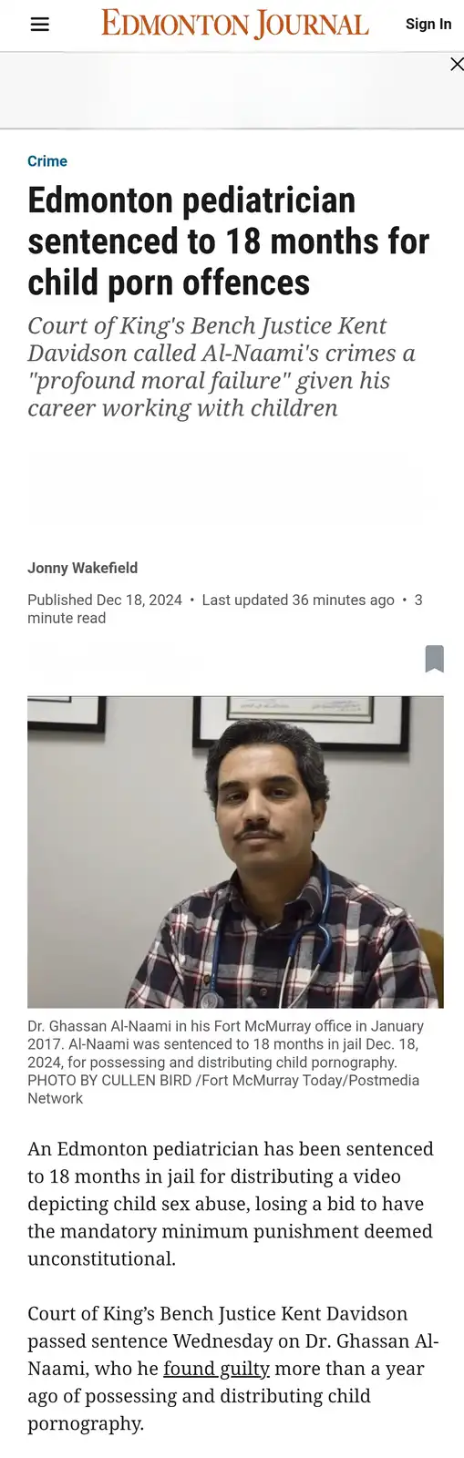 A screenshot of an Edmonton Journal news article about Dr. Ghassan Al-Naami, a pediatrician sentenced to 18 months for child…