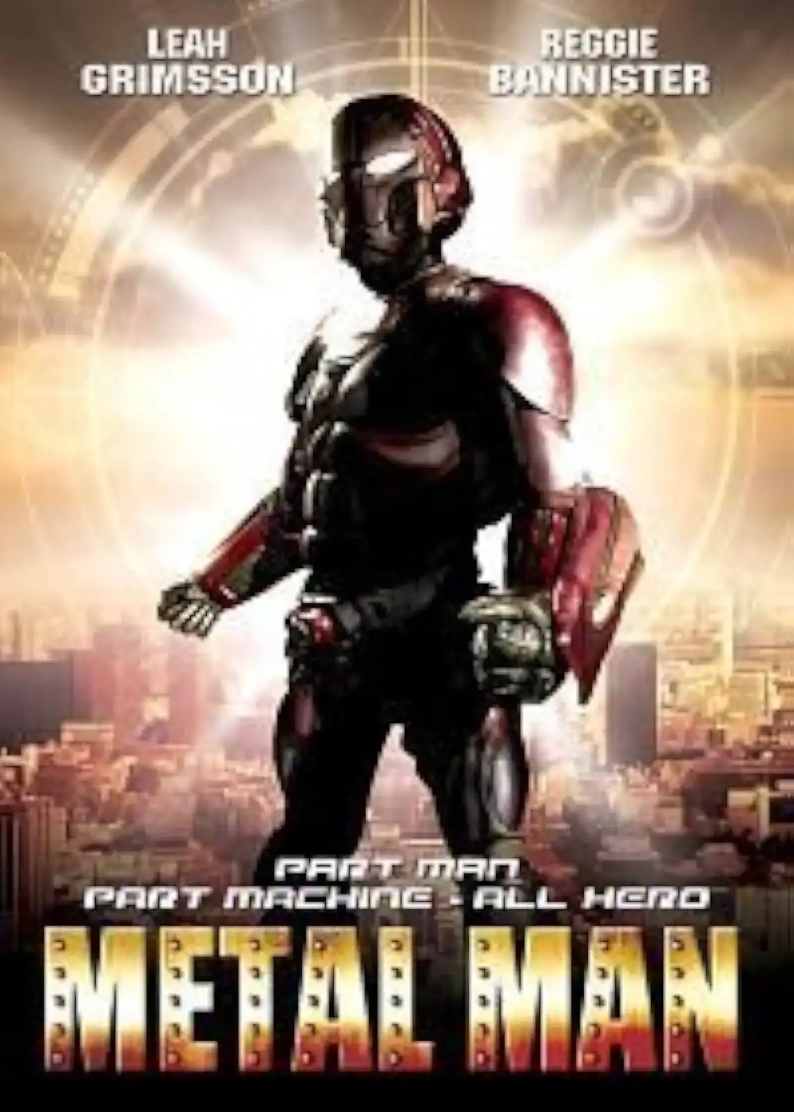 A movie poster for 'Metal Man' features a humanoid robot with a red and black metallic suit standing over a cityscape. The…