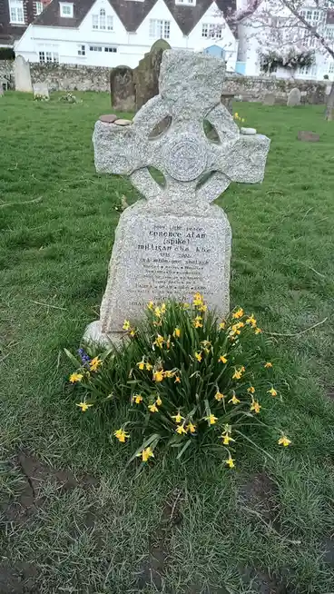 A photograph of a Celtic cross gravestone in a grassy cemetery, surrounded by yellow daffodils and some blue flowers. The…