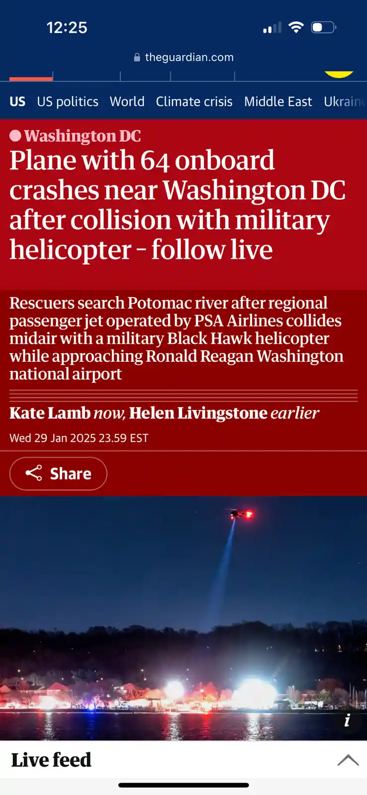 A screenshot of a Guardian.com news article headline about a plane crash near Washington DC after colliding with a military…