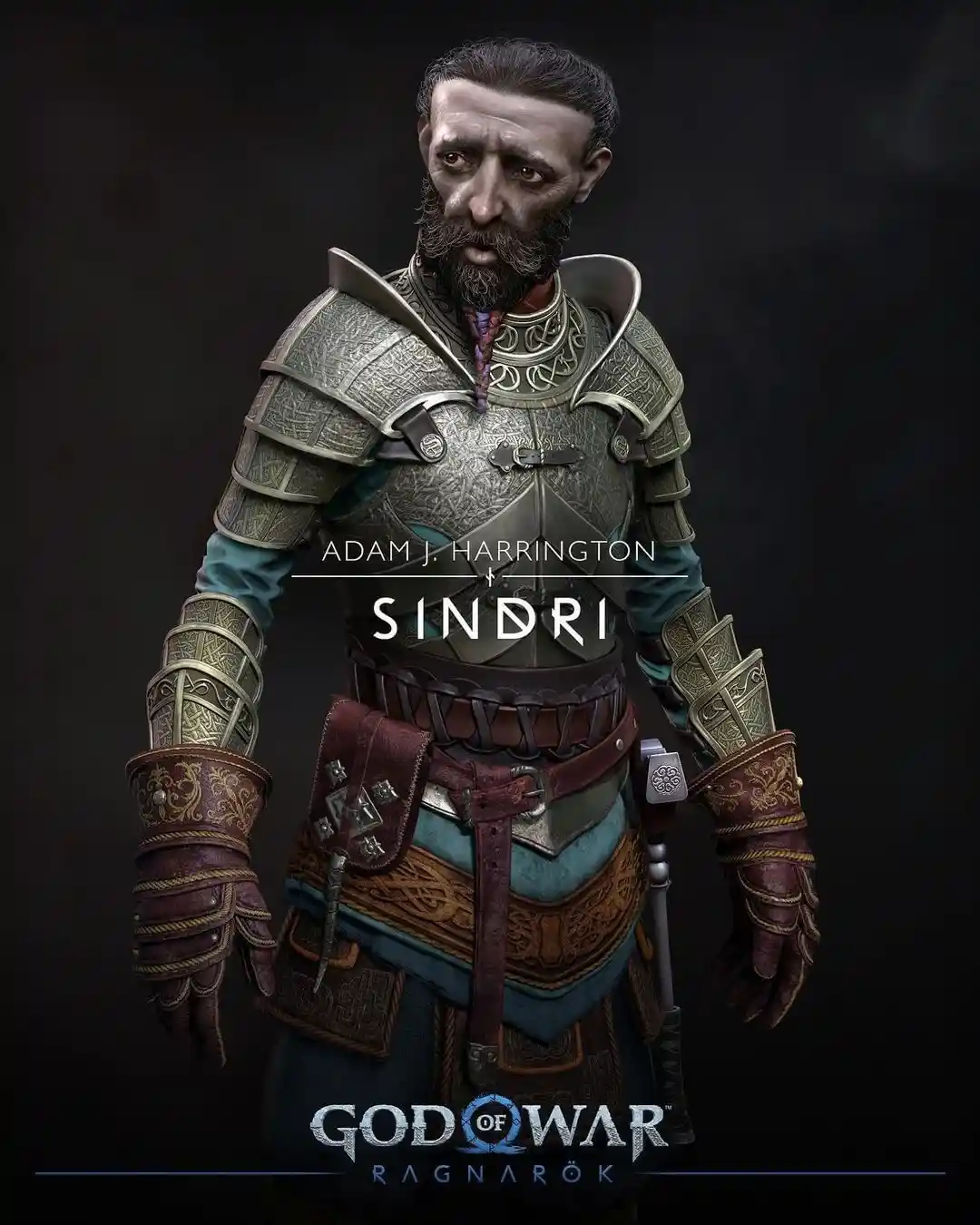 A promotional image for God of War Ragnarök featuring the character Sindri in ornate Norse armor, with text overlaid…