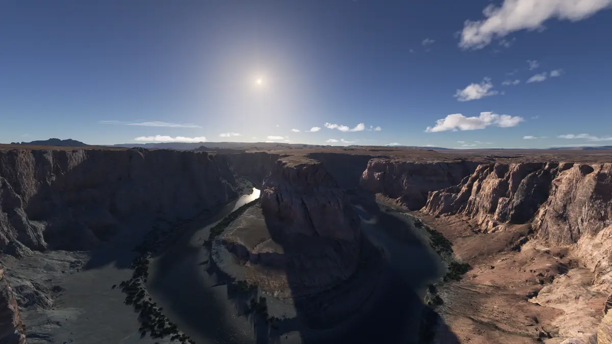 A wide-angle desert canyon scene with a winding river, steep rock walls, and a bright sun casting long shadows. The overlaid…
