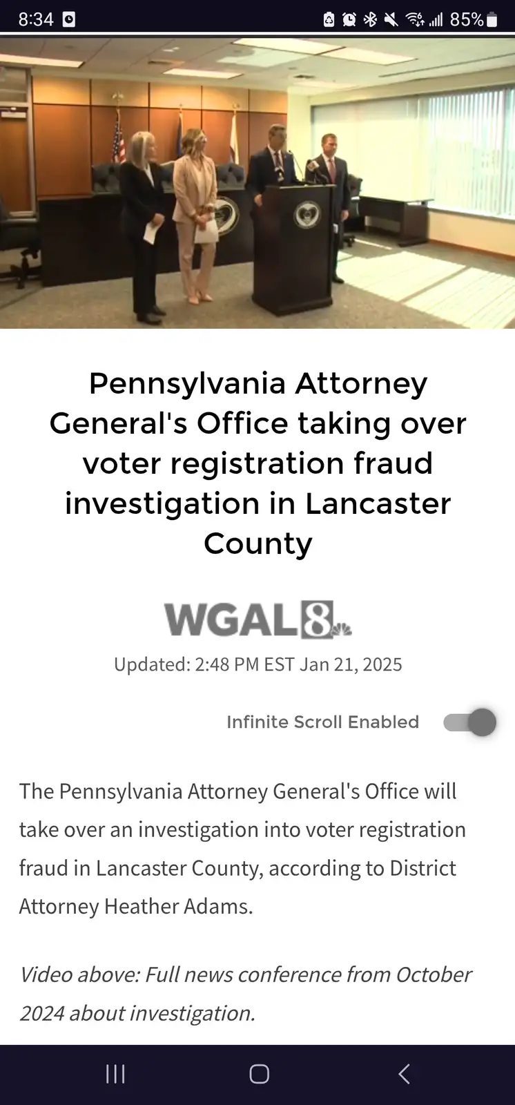 A screenshot of a news article from WGAL8 showing a 2025 update about the Pennsylvania Attorney General's Office taking over…
