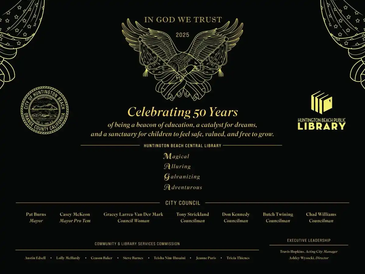 A black-and-gold formal poster for the Huntington Beach Public Library's 50th anniversary, featuring an eagle emblem, city…