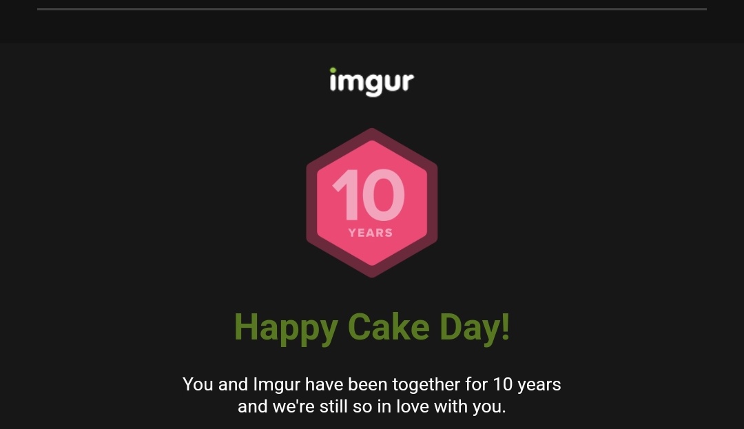 A black background displays the Imgur logo above a pink hexagon with the number 10 and the word 'YEARS' inside. Below, green…