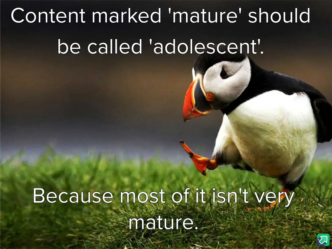 A photograph of a puffin standing on green grass, looking down at its orange feet. White text overlaid on the image reads…