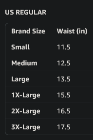 A black-and-white image displays a US regular clothing size chart with brand sizes from Small to 3X-Large and corresponding…