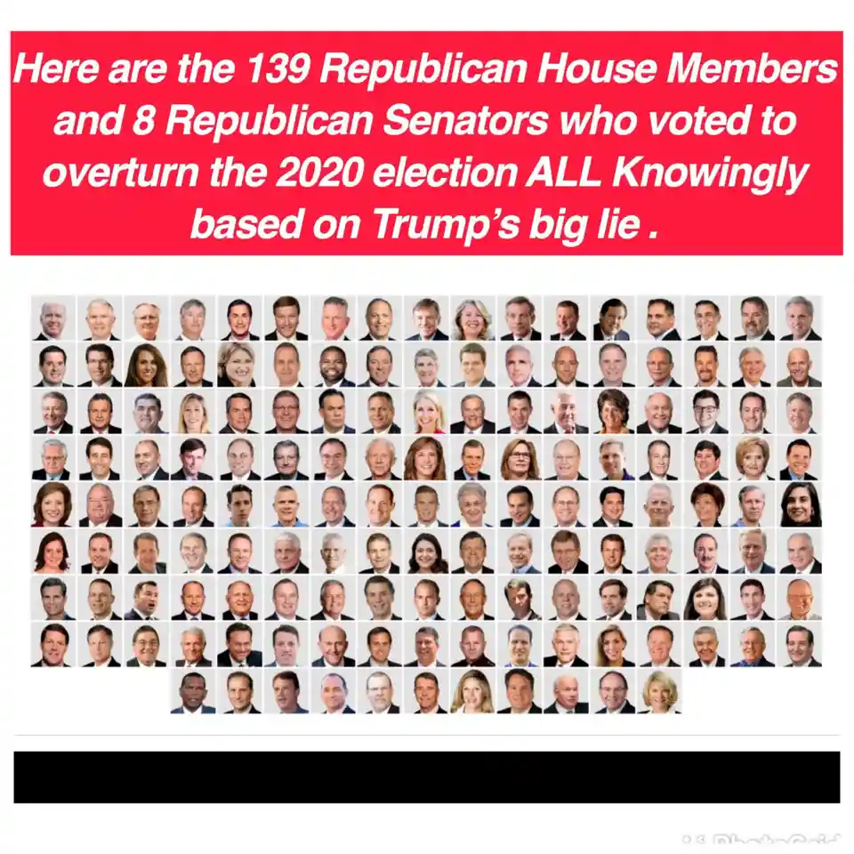 The image displays a grid of official headshots of numerous Republican politicians, with a red banner at the top stating…