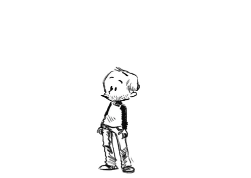 A six-panel black-and-white comic strip shows a boy's escalating panic: first standing alone, then noticing a girl walking…