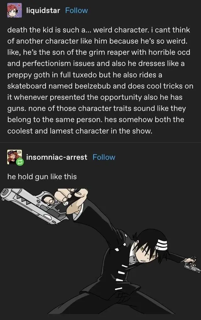 An anime character, Death the Kid from Soul Eater, is shown in a dynamic pose holding two pistols, one in each hand, while…