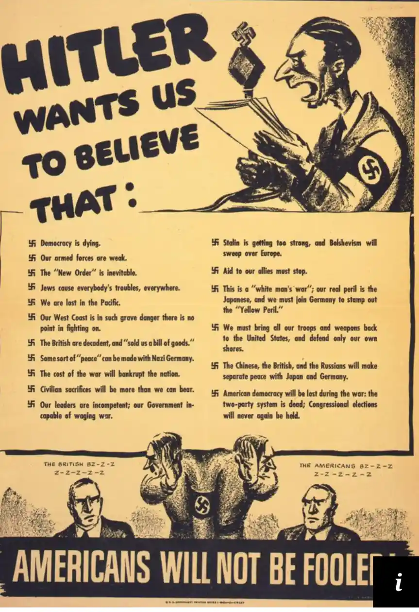 A vintage World War II U.S. government propaganda poster shows a caricature of Hitler speaking into a microphone, listing…