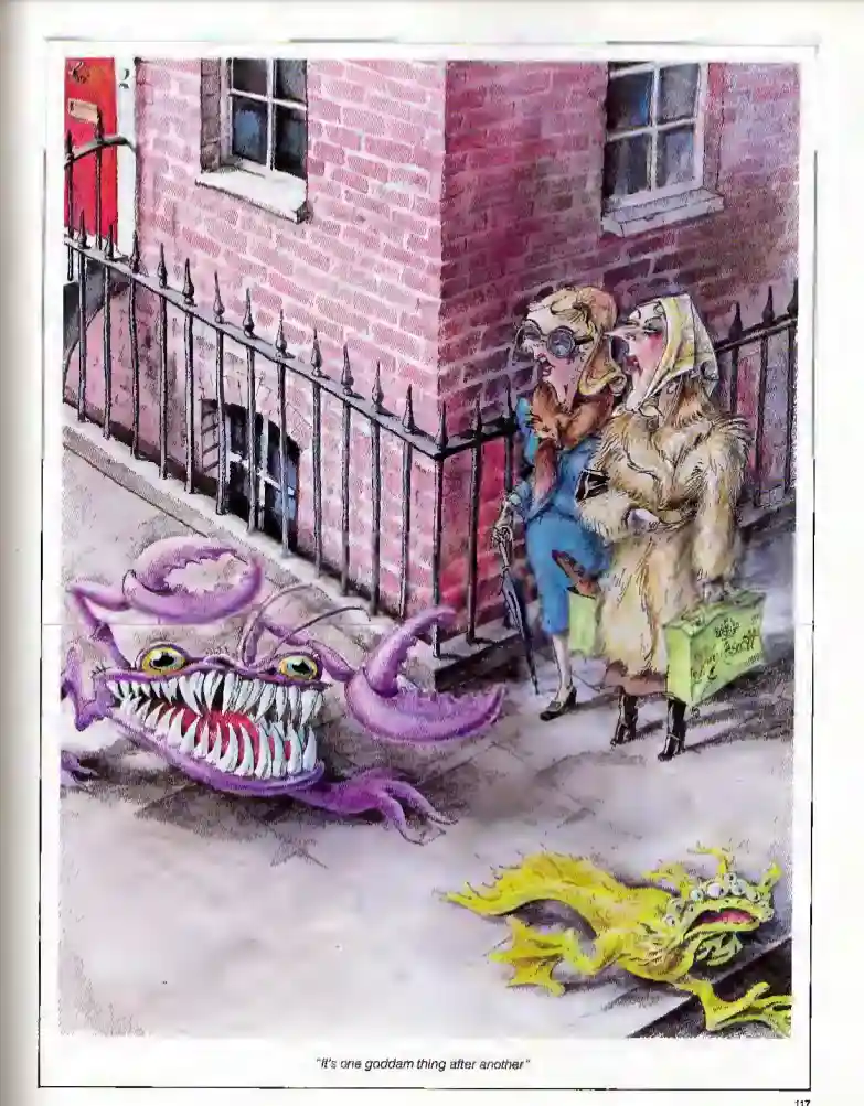 Two elderly women in coats and hats stand on a sidewalk near a black iron fence, looking down at two cartoonish monsters: a…
