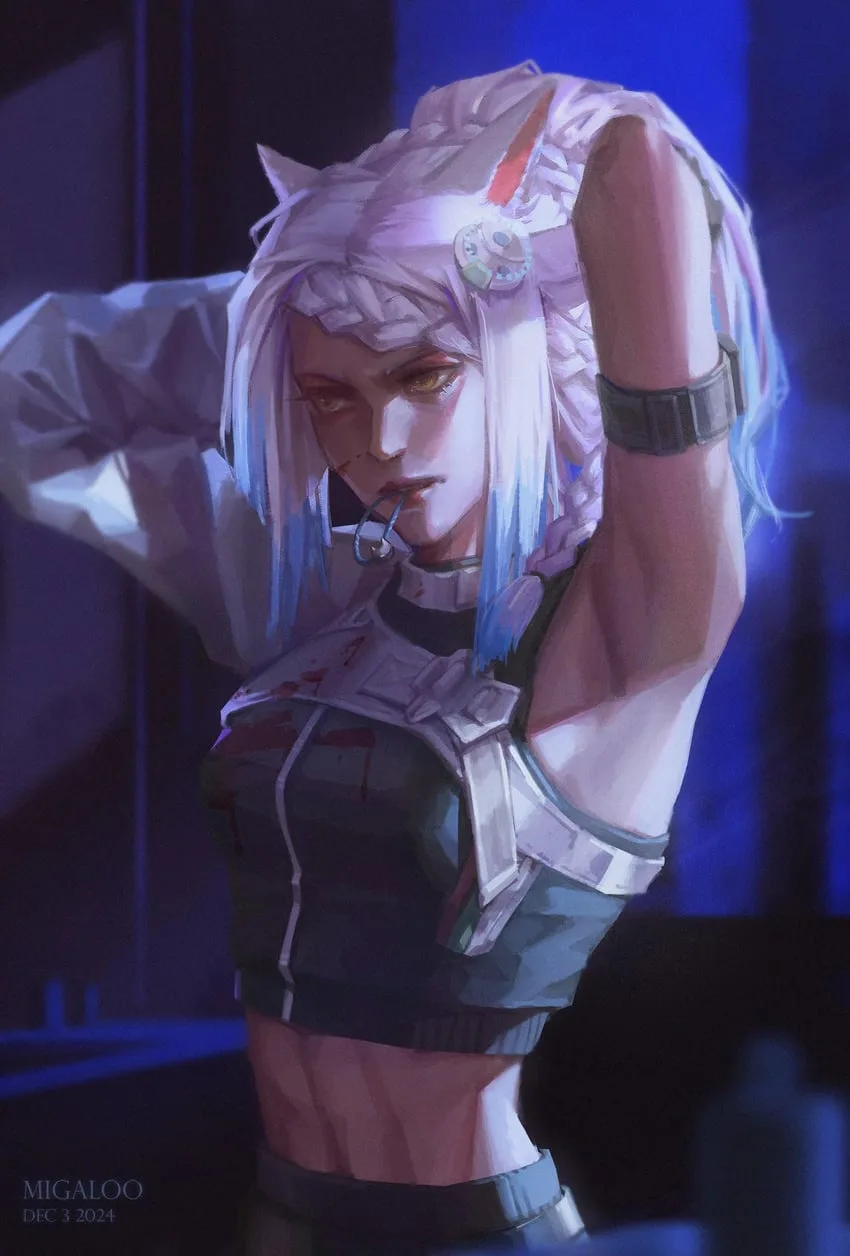 A stylized anime-style female character with white and blue hair, cat ears, and a futuristic outfit stands with one arm…