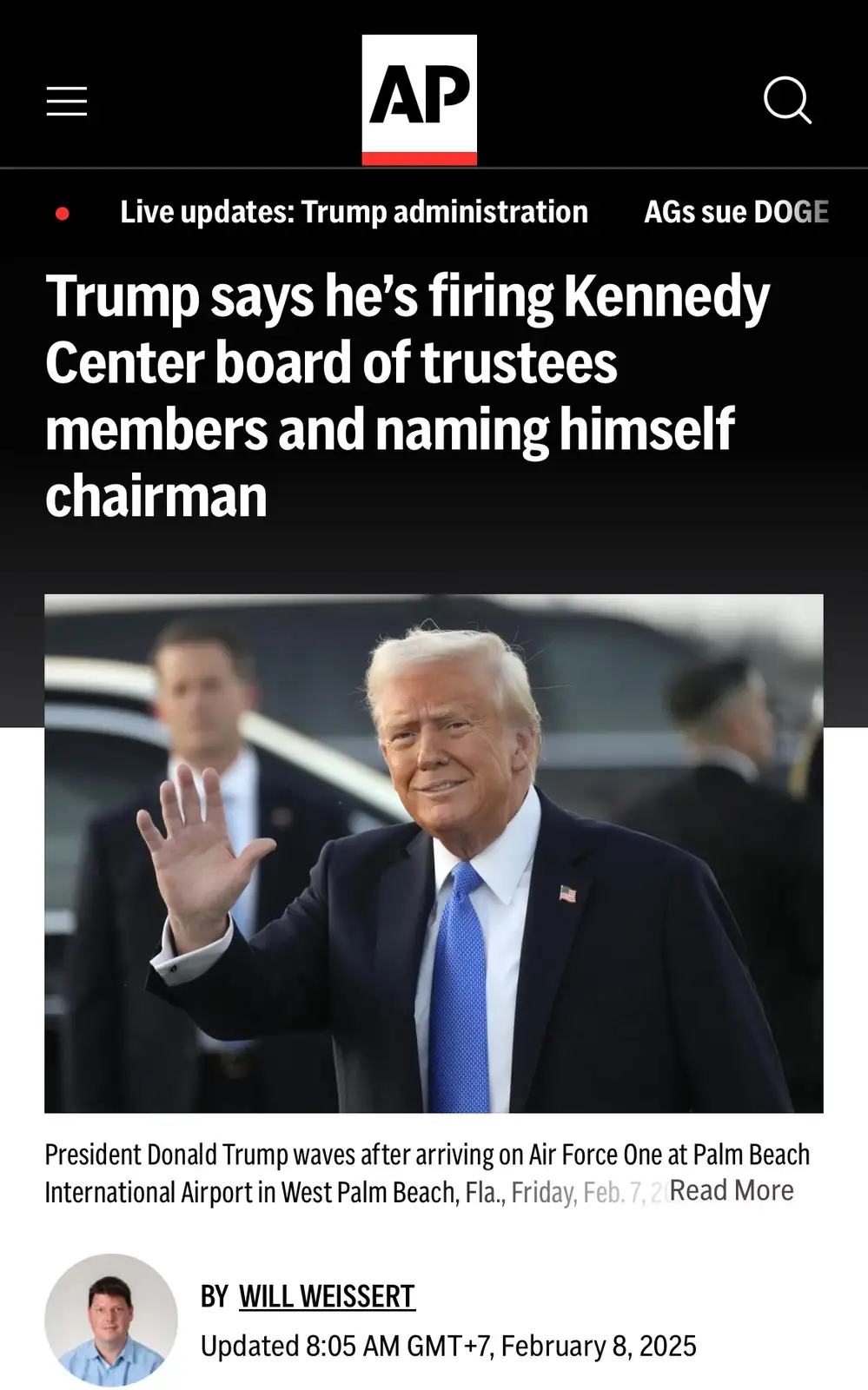 An AP news article screenshot shows President Donald Trump waving in a suit and blue tie, with the headline stating he's…
