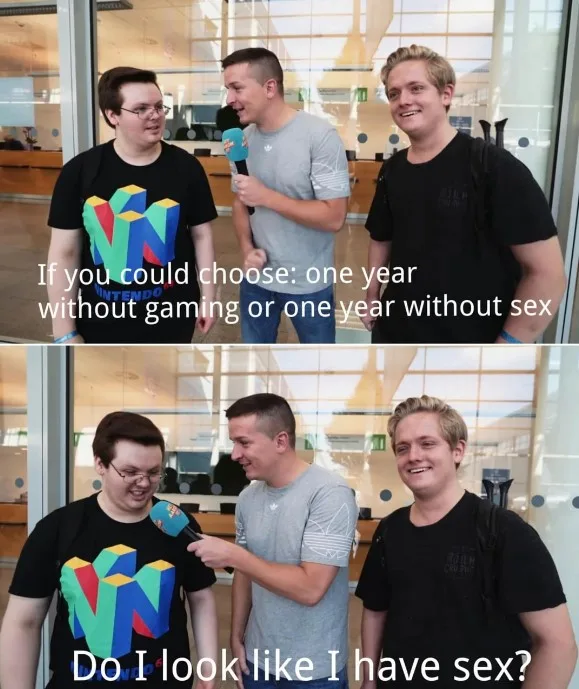 Two-panel image of three men in an interview setting. In the top panel, a man in a Nintendo t-shirt is being asked a…