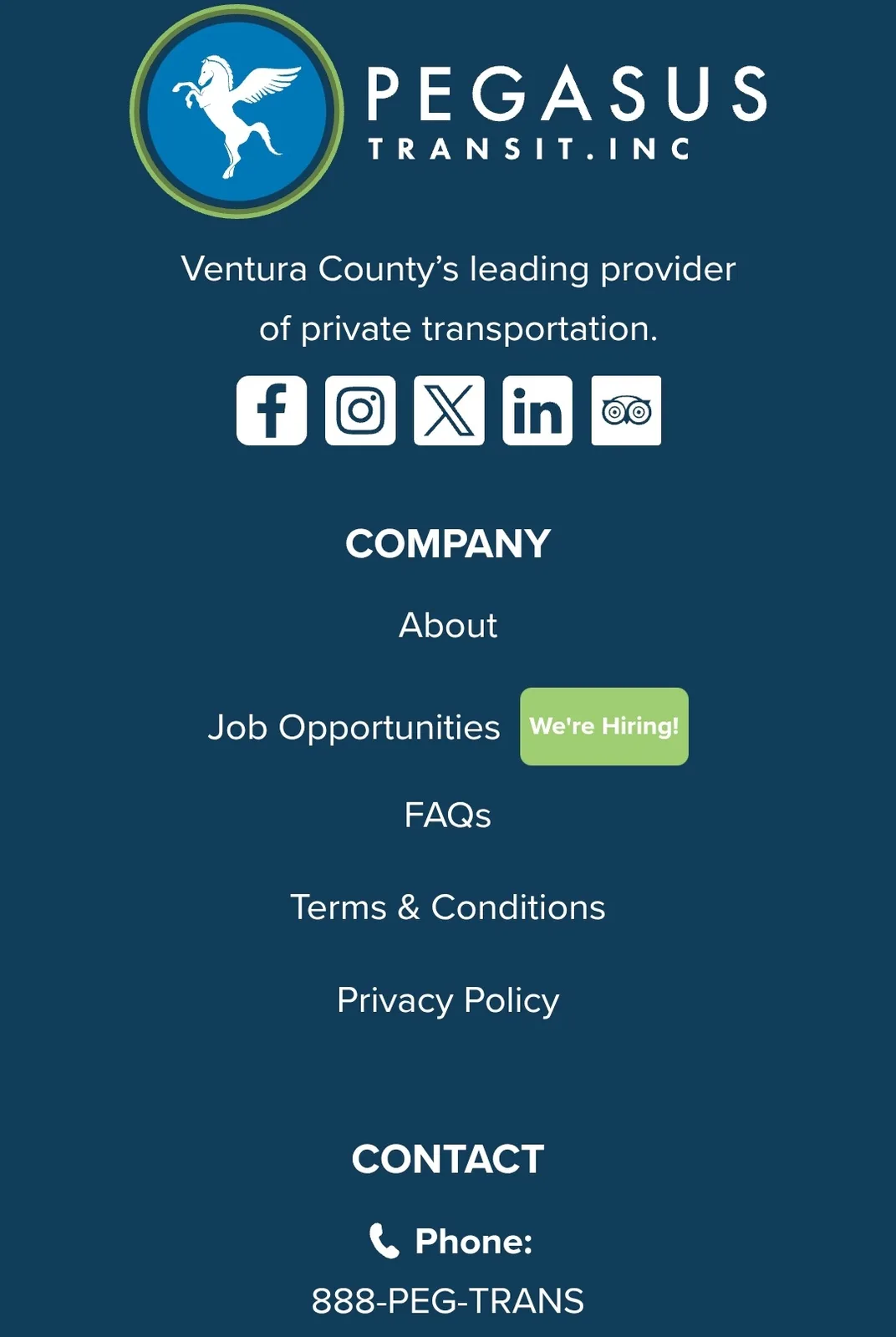 A screenshot of the Pegasus Transit, Inc. website footer shows a 'We're Hiring!' button next to 'Job Opportunities'. The…