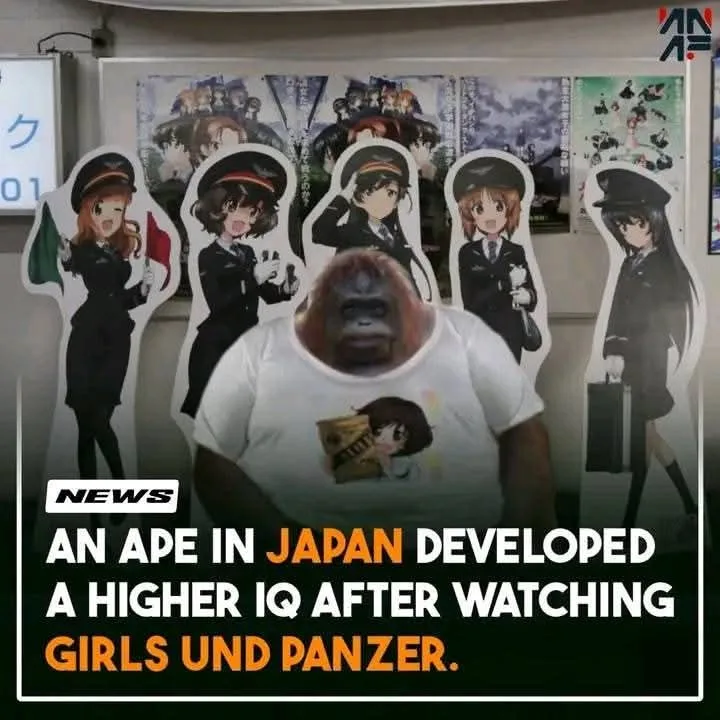 An ape wearing a white t-shirt stands in front of several anime character cutouts, all dressed in military-style uniforms…
