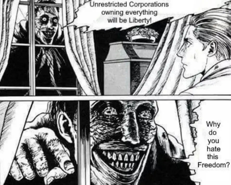 A two-panel black-and-white manga-style comic shows a grotesque, smiling monster at a window shouting 'Unrestricted…