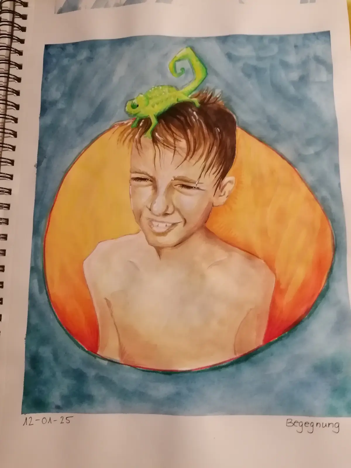 A watercolor painting of a young boy with brown hair, smiling with his eyes closed, has a small green chameleon perched on…