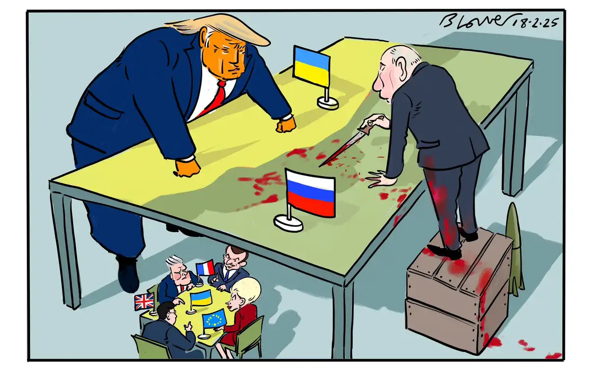 A political cartoon depicts two men, resembling Donald Trump and Vladimir Putin, leaning over a large table with bloodstains…