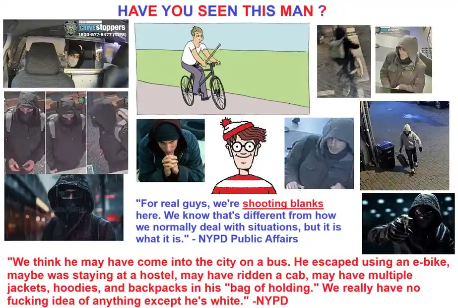 A collage of surveillance photos and illustrations depicting a man in various disguises, including hoodies, masks, and a…