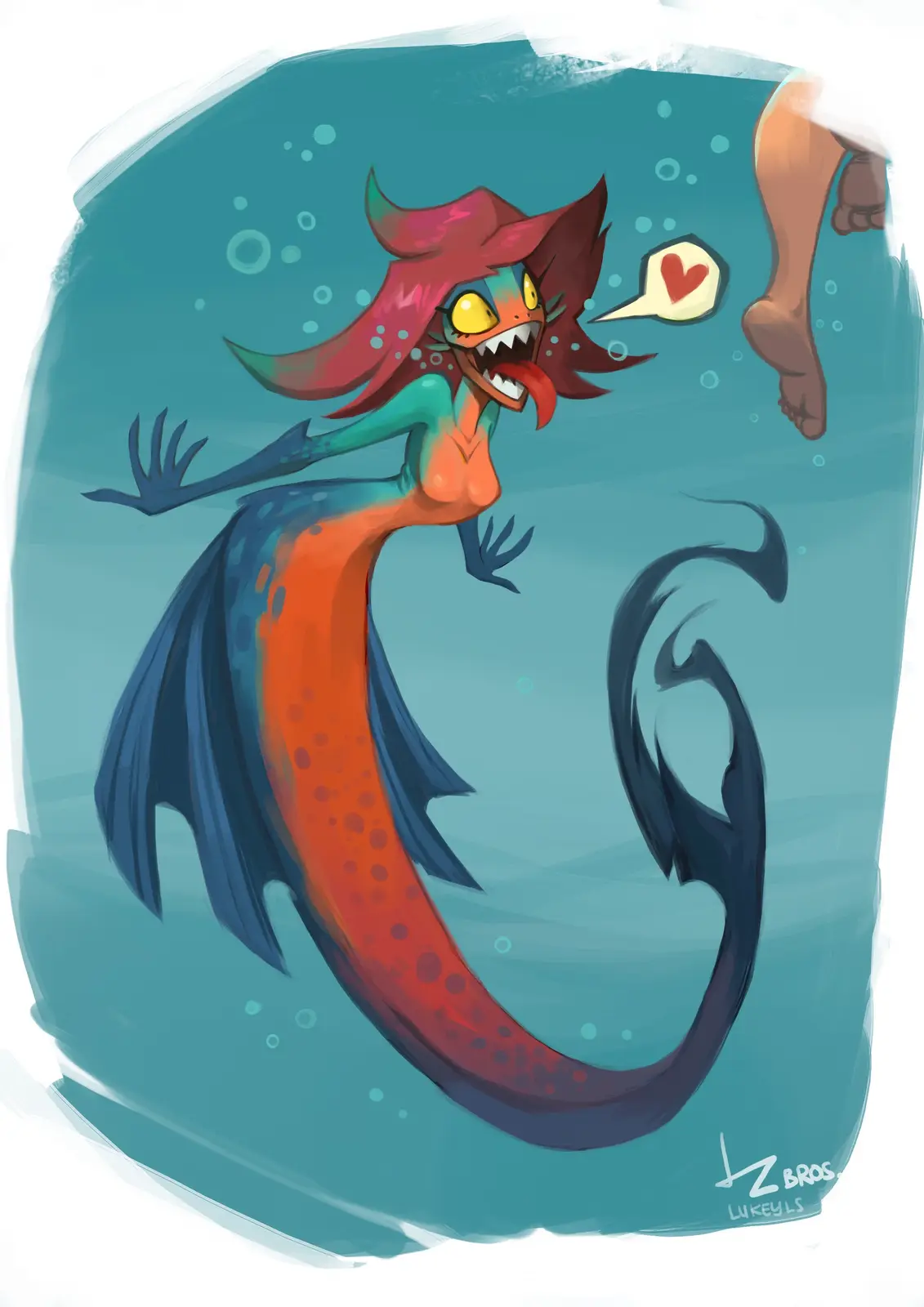 A cartoonish, monstrous mermaid with red hair, sharp teeth, and a long orange-and-blue tail swims underwater, eyes wide with…