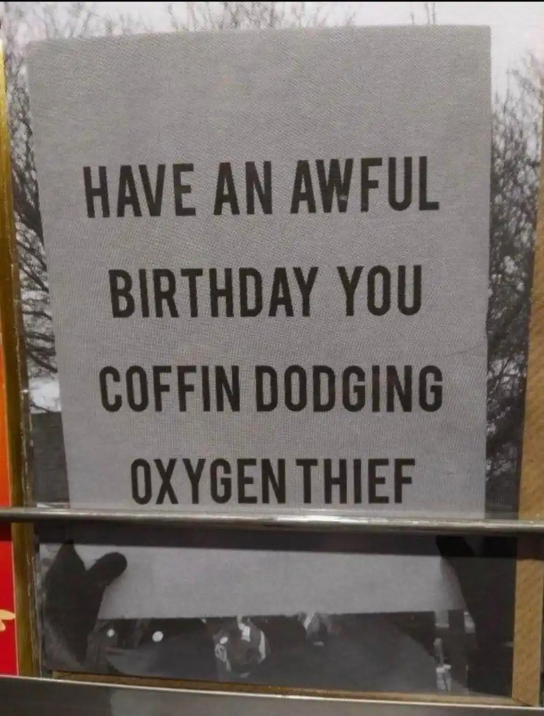 A close-up photo shows a grey sign with bold black text reading 'HAVE AN AWFUL BIRTHDAY YOU COFFIN DODGING OXYGEN THIEF'…