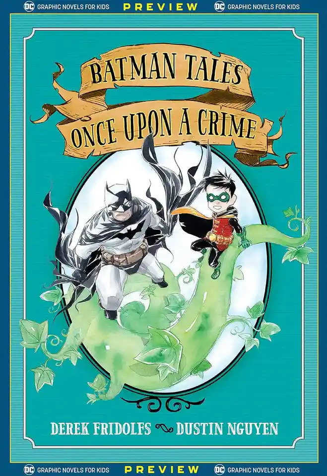 The image is a book cover for 'Batman Tales: Once Upon a Crime' featuring Batman and Robin in a whimsical, storybook style…