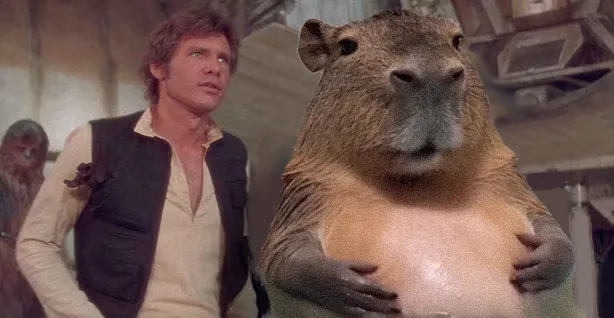 A digitally altered image shows a large capybara in the foreground with its hands on its chest, mimicking a pose. Behind it…