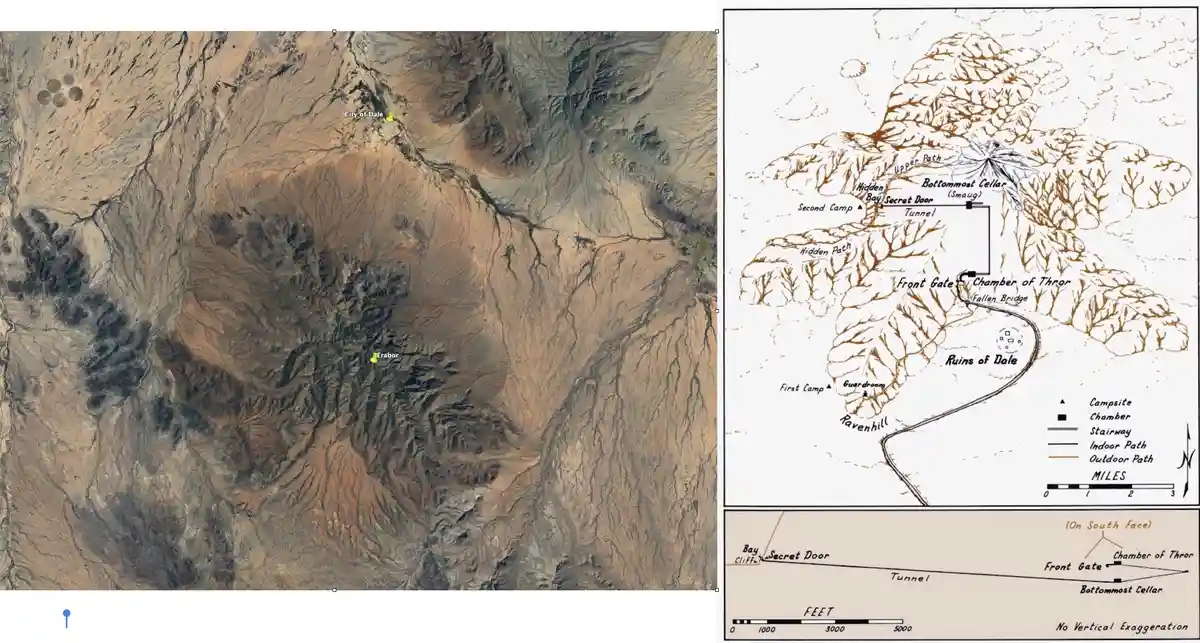 The image juxtaposes a realistic satellite view of a mountainous, arid region with two detailed fantasy maps labeled 'Ruins…