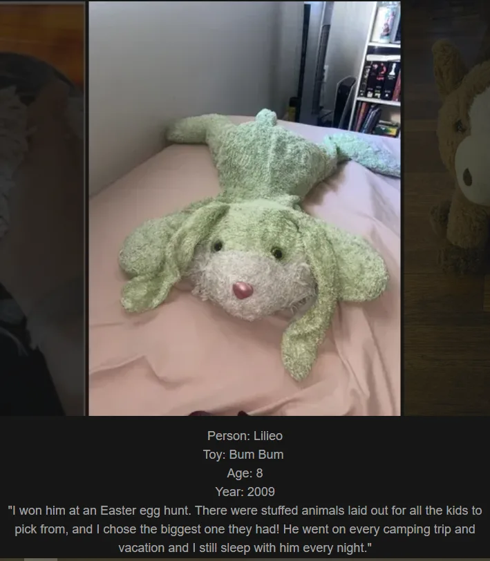 A large, green, fuzzy stuffed bunny toy is lying on its back on a pink bedsheet. The toy has long floppy ears, a white…