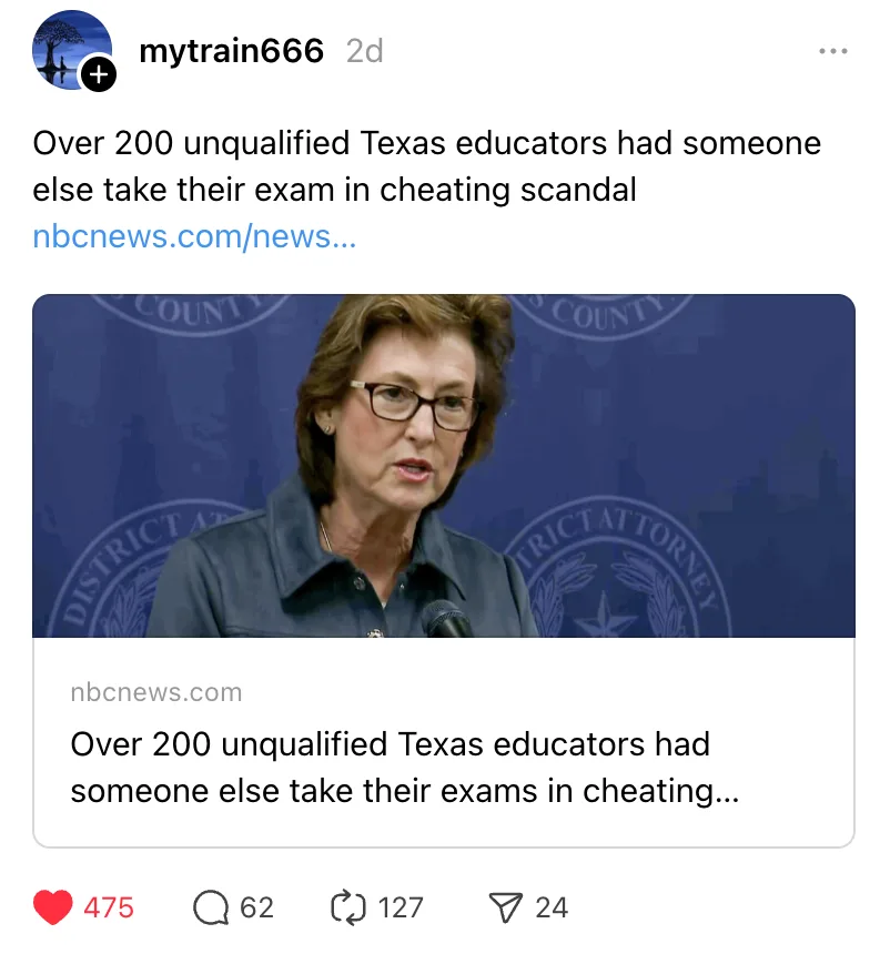A screenshot of a social media post showing a woman with glasses speaking at a podium in front of a blue background with…
