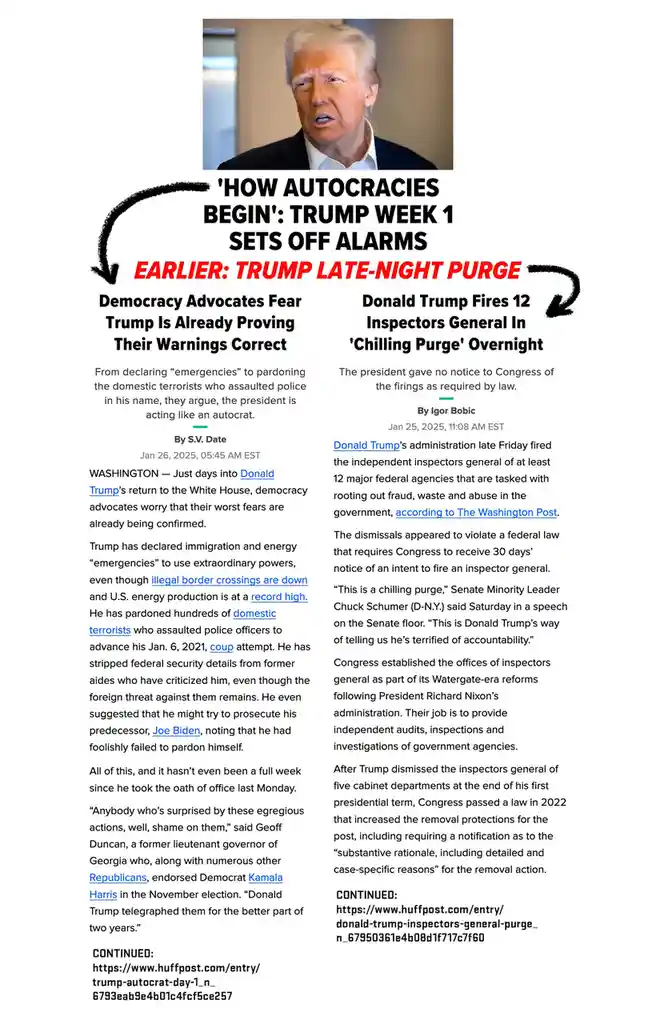 The image displays a composite of two news articles about Donald Trump's early actions in office, overlaid with large, bold…