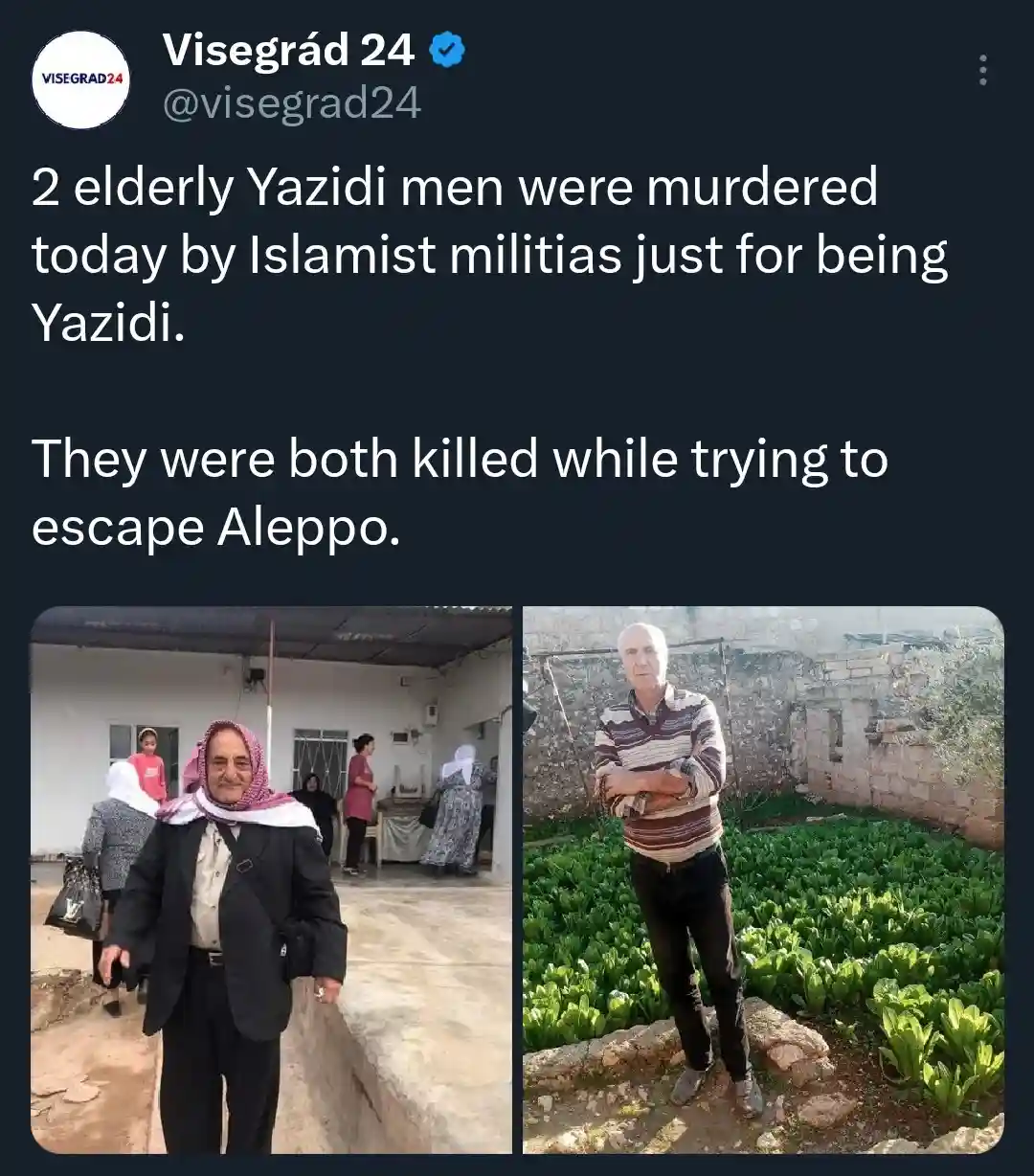 The image displays two separate photos of elderly men, one wearing a headscarf and suit standing outdoors near a building…