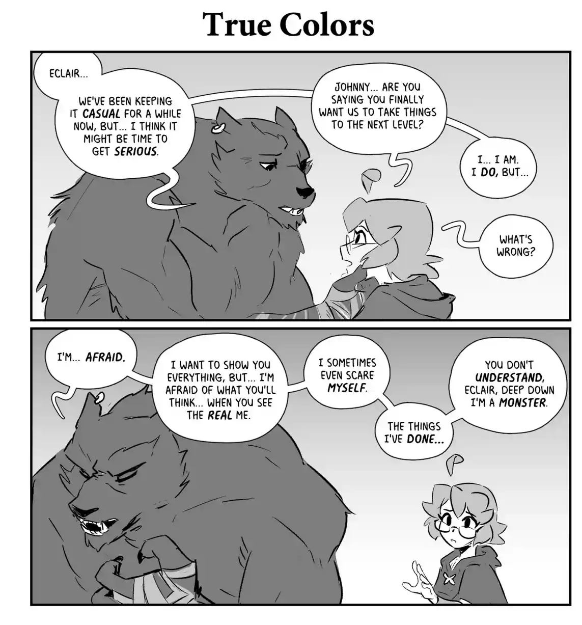 A black-and-white comic strip titled 'True Colors' depicts a wolf-like character nervously confessing to a smaller…