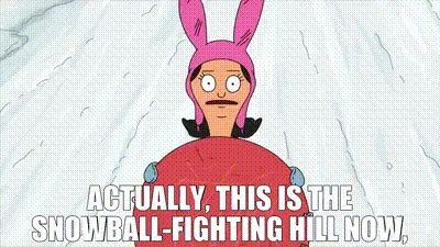 A four-panel comic strip from Bob's Burgers shows a character in a pink bunny hat declaring the hill is now a…