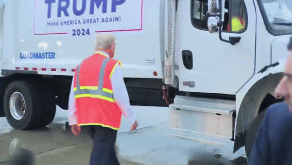 A sequence of images shows Donald Trump interacting with a white Loadmaster truck branded with 'TRUMP MAKE AMERICA GREAT…