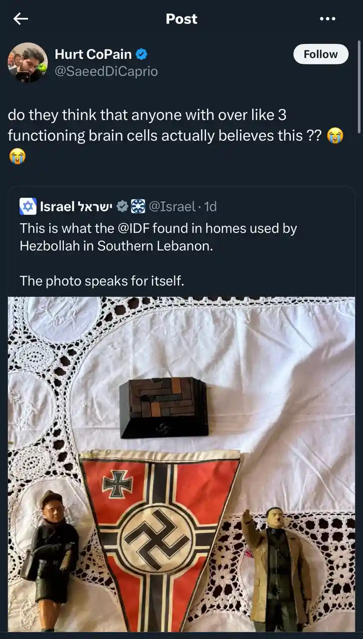 The image displays a white lace tablecloth with a Nazi flag, a small box with a swastika, and two Nazi figurines. The…