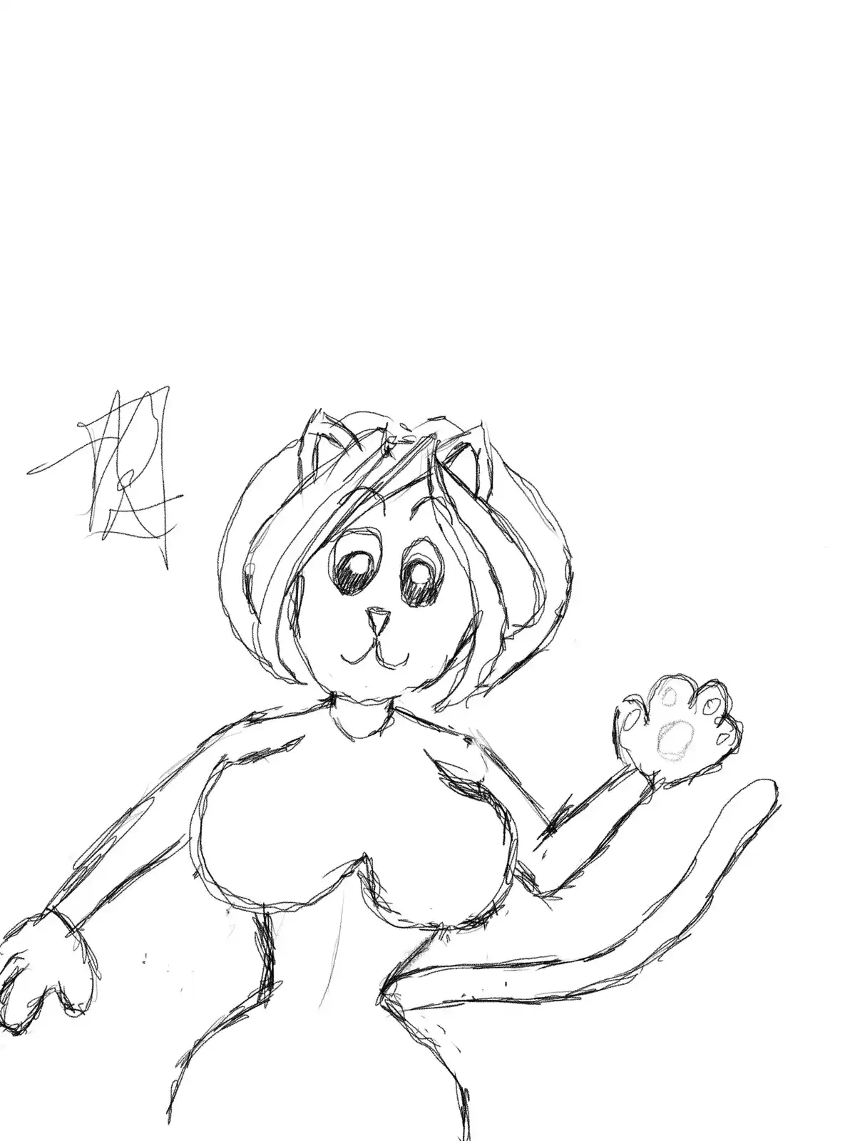A simple black-and-white sketch depicts a stylized anthropomorphic cat girl with large eyes, cat ears, a tail, and paw-like…