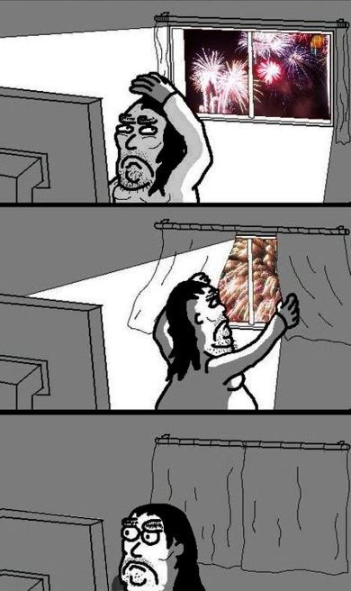 A three-panel comic strip shows a man in a room looking out a window. In the first panel, he sees fireworks and looks…