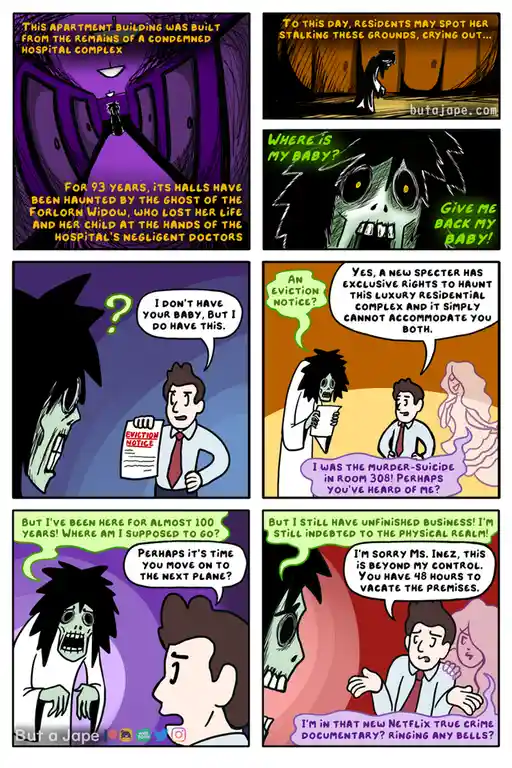 A six-panel comic depicts a ghostly widow haunting an apartment building, demanding her lost baby back. A property manager…