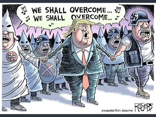 A cartoon depicts a caricature of Donald Trump in a suit, singing and holding hands with a line of white supremacists and…
