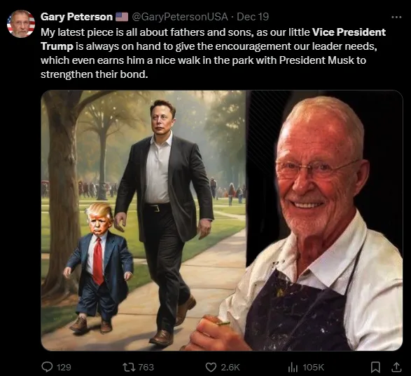 A digitally altered painting shows a small child resembling Donald Trump walking beside an adult Elon Musk in a park. To the…