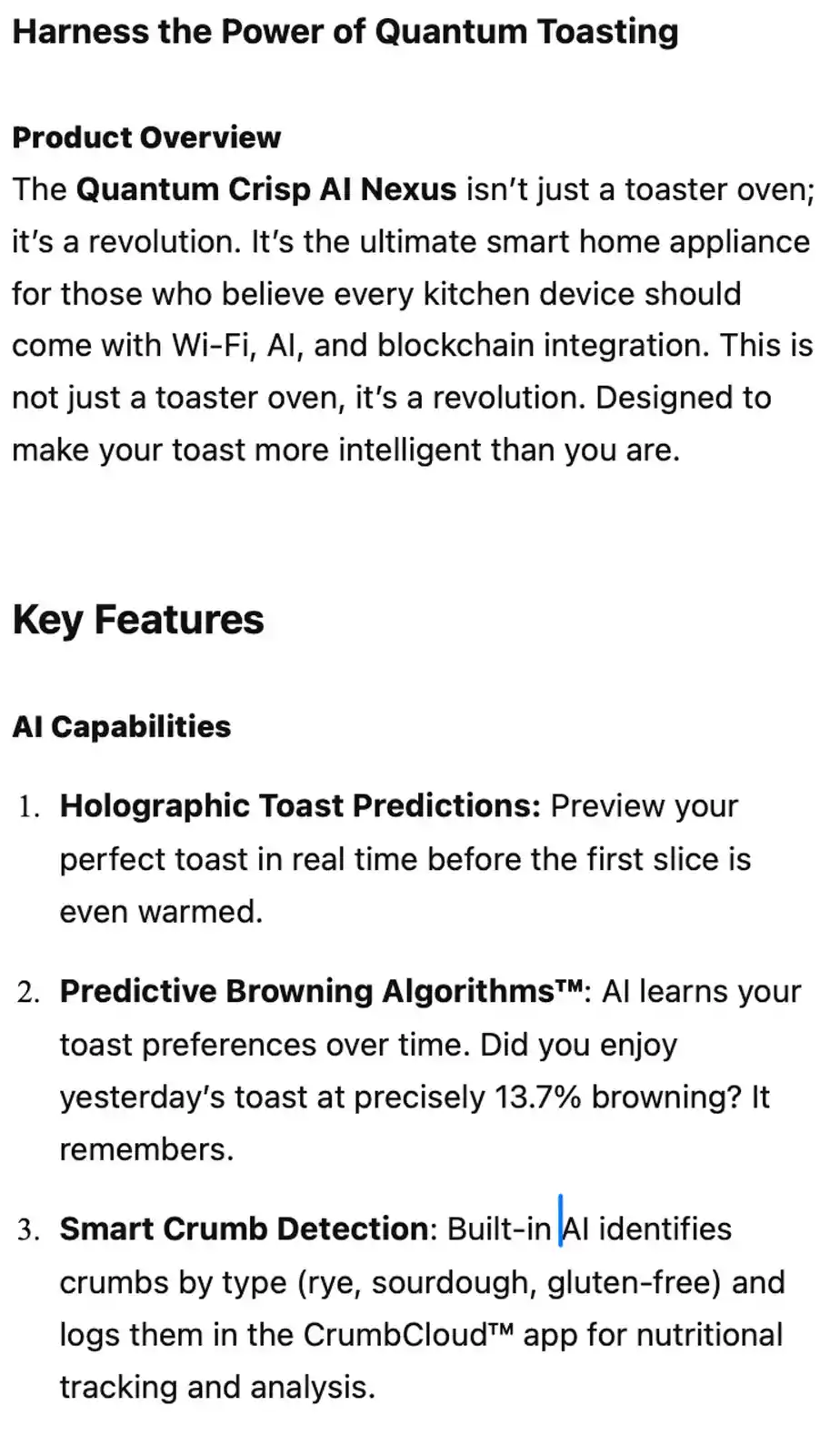 The image displays a mock product brochure for a fictional toaster oven called the 'Quantum Crisp AI Nexus,' which is…