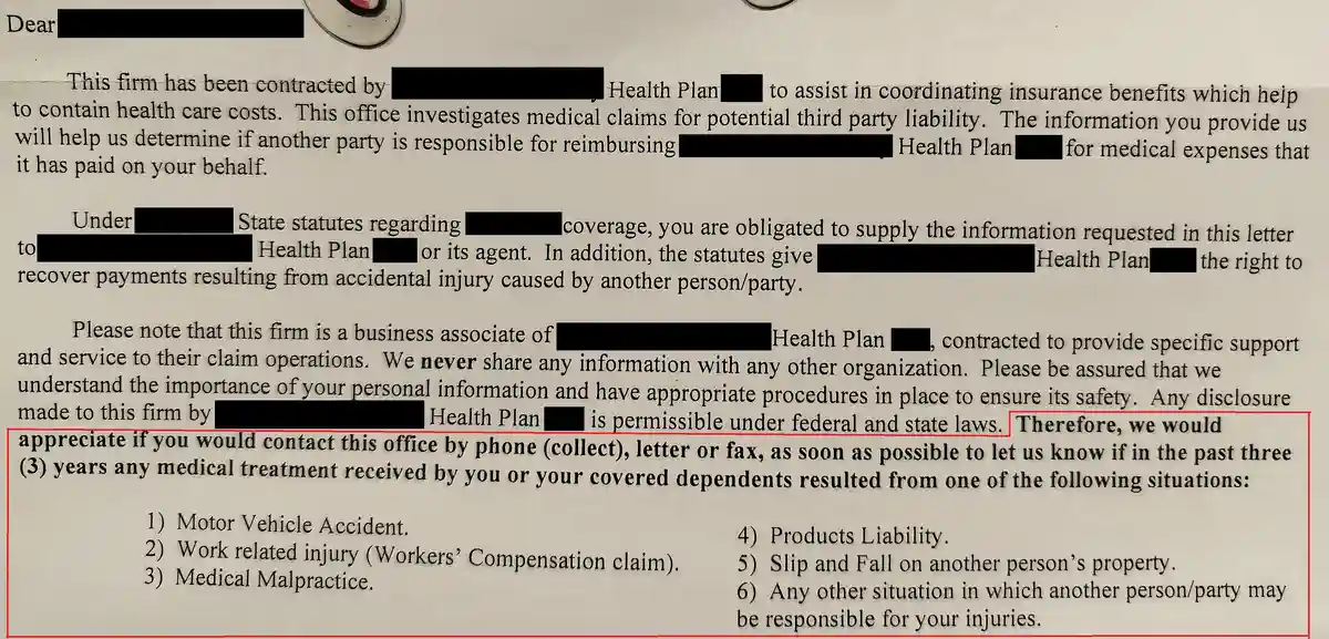 A close-up of a health insurance claim letter with redacted personal and company information. The letter explains that the…