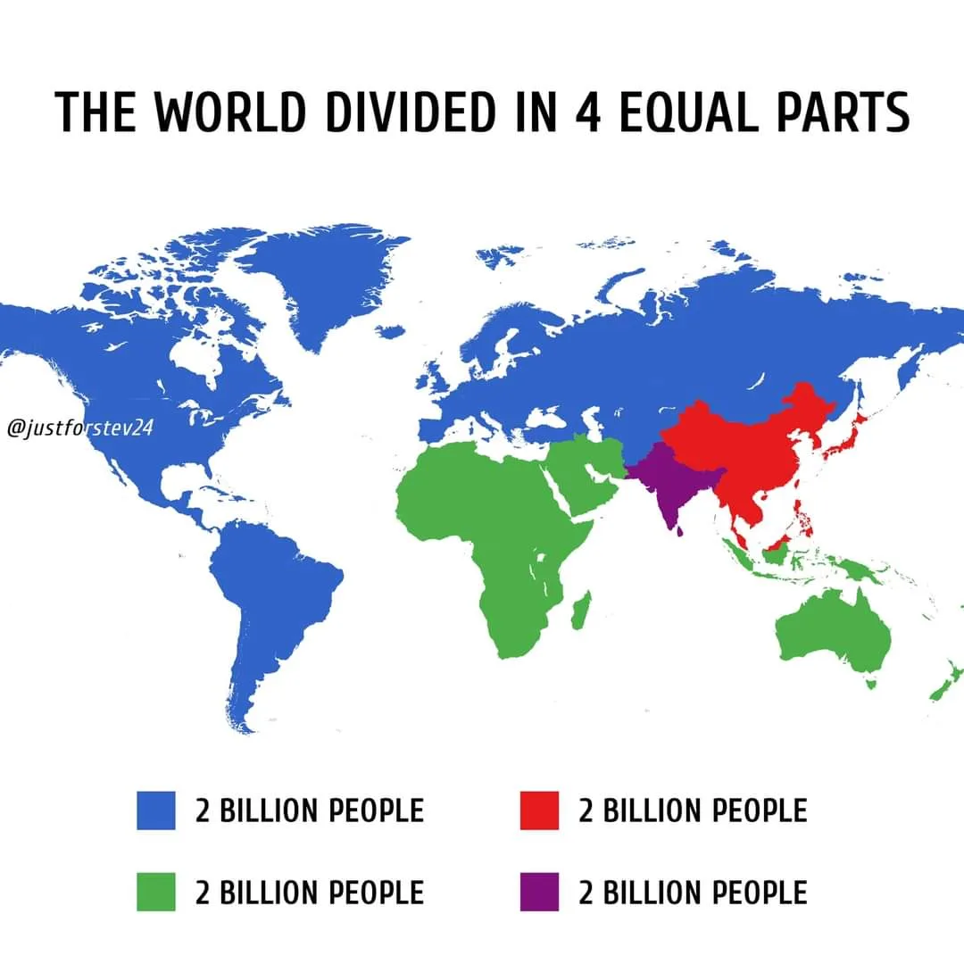 A world map is divided into four colored regions: blue (North America, Europe, Russia), green (Africa, Australia), red…