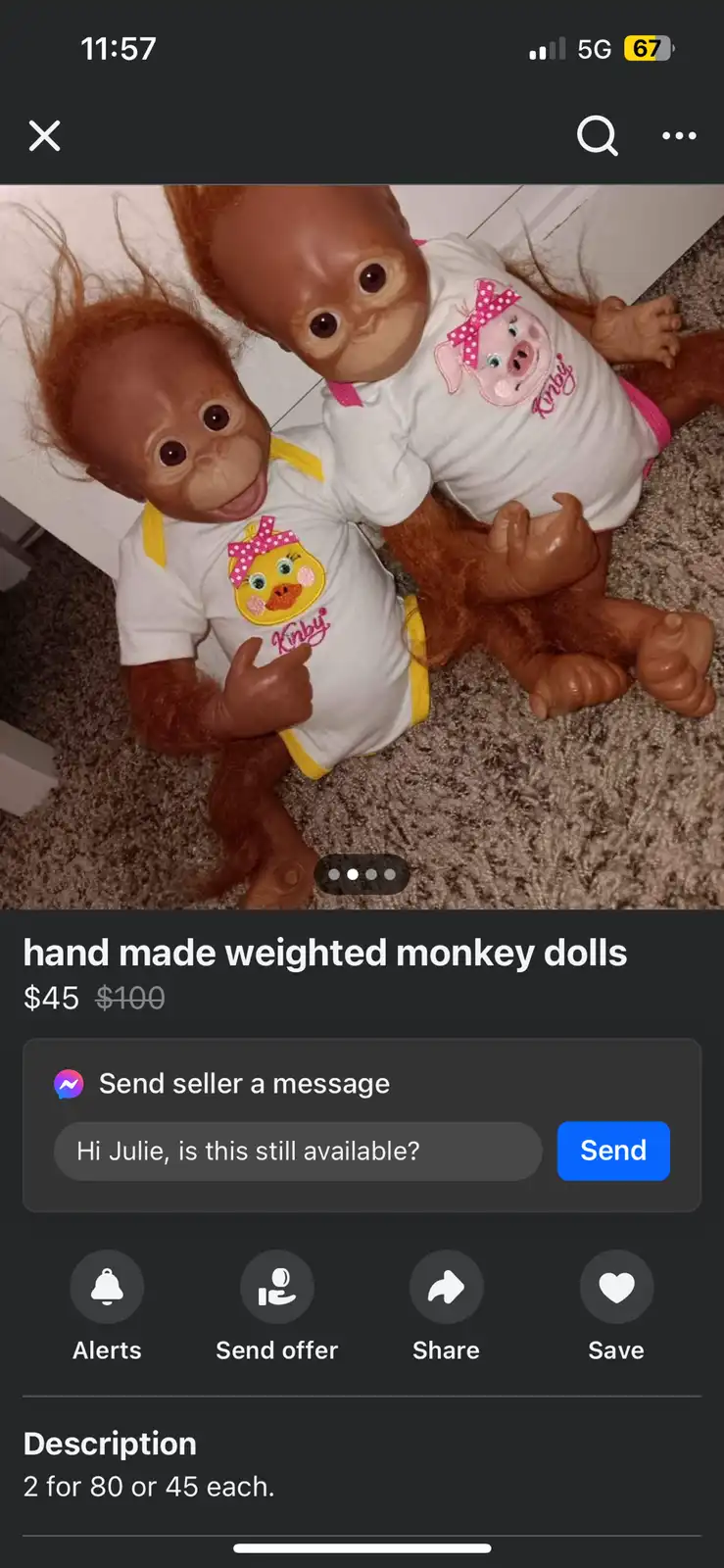 Two realistic-looking monkey dolls in white onesies with cartoon animal graphics are shown on a carpet, with a marketplace…