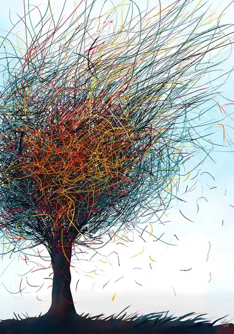 An abstract painting of a tree with a dark trunk and a canopy made of chaotic, colorful scribbles in red, yellow, blue, and…